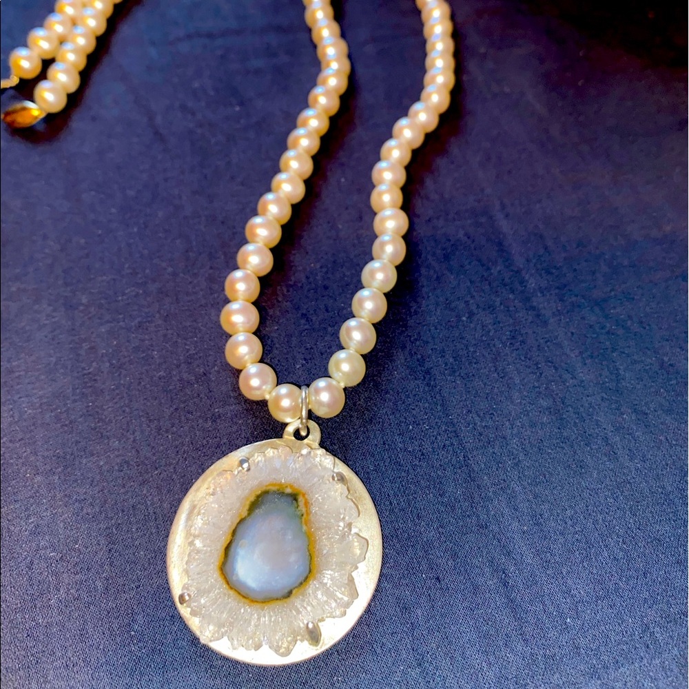 14k Gold Pearl necklace & custom 1 of 1 sterling silver pendant